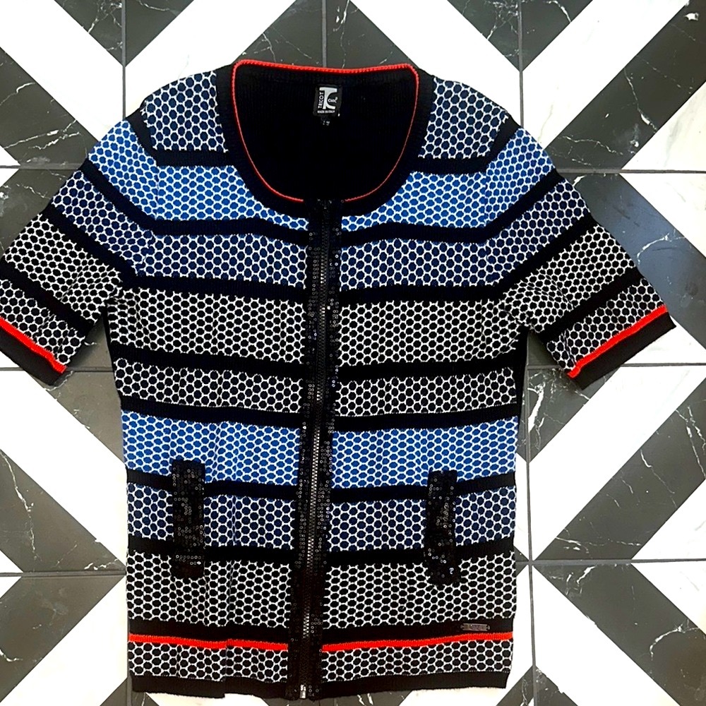Tricot Made in Italy Black and Blue Striped Woman  ZIP Up Sweater Size 52 US 16